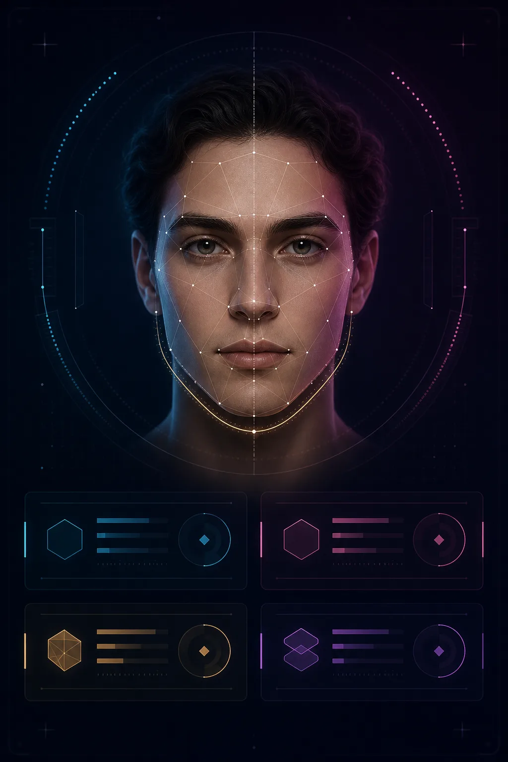 AI-generated fictional face with an illustrative PSL score analysis interface
